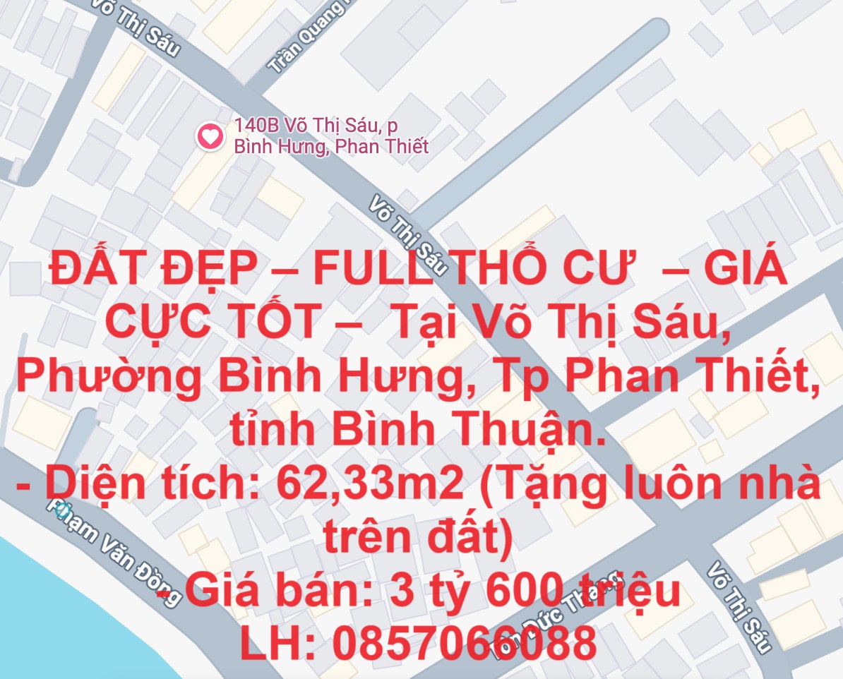 ĐẤT ĐẸP – FULL THỔ CƯ  – GIÁ CỰC TỐT –  Tại Võ Thị Sáu, Phường Bình Hưng, Tp Phan Thiết - Ảnh chính